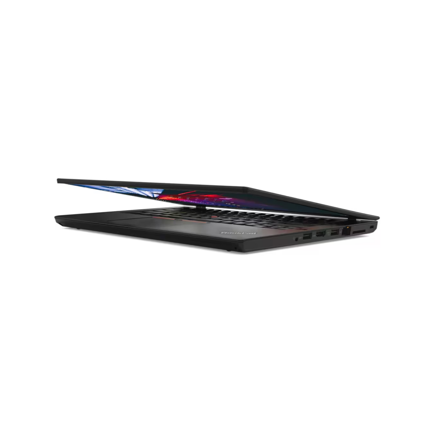 The laptop opened at an angle from the left side, highlighting the keyboard and side profile.