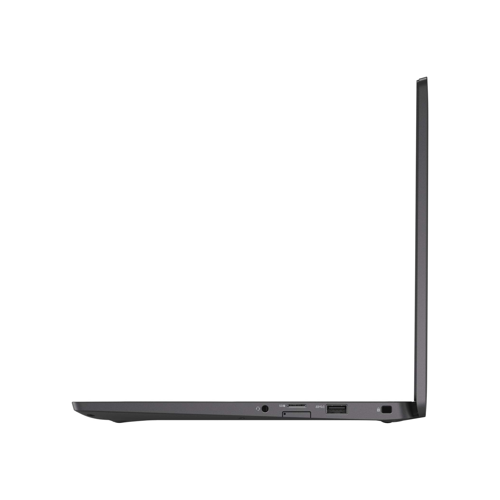Slim profile view of the right side of the Dell 7400, showcasing ports such as USB, audio jack, and ventilation grills, emphasizing its slim and lightweight build.