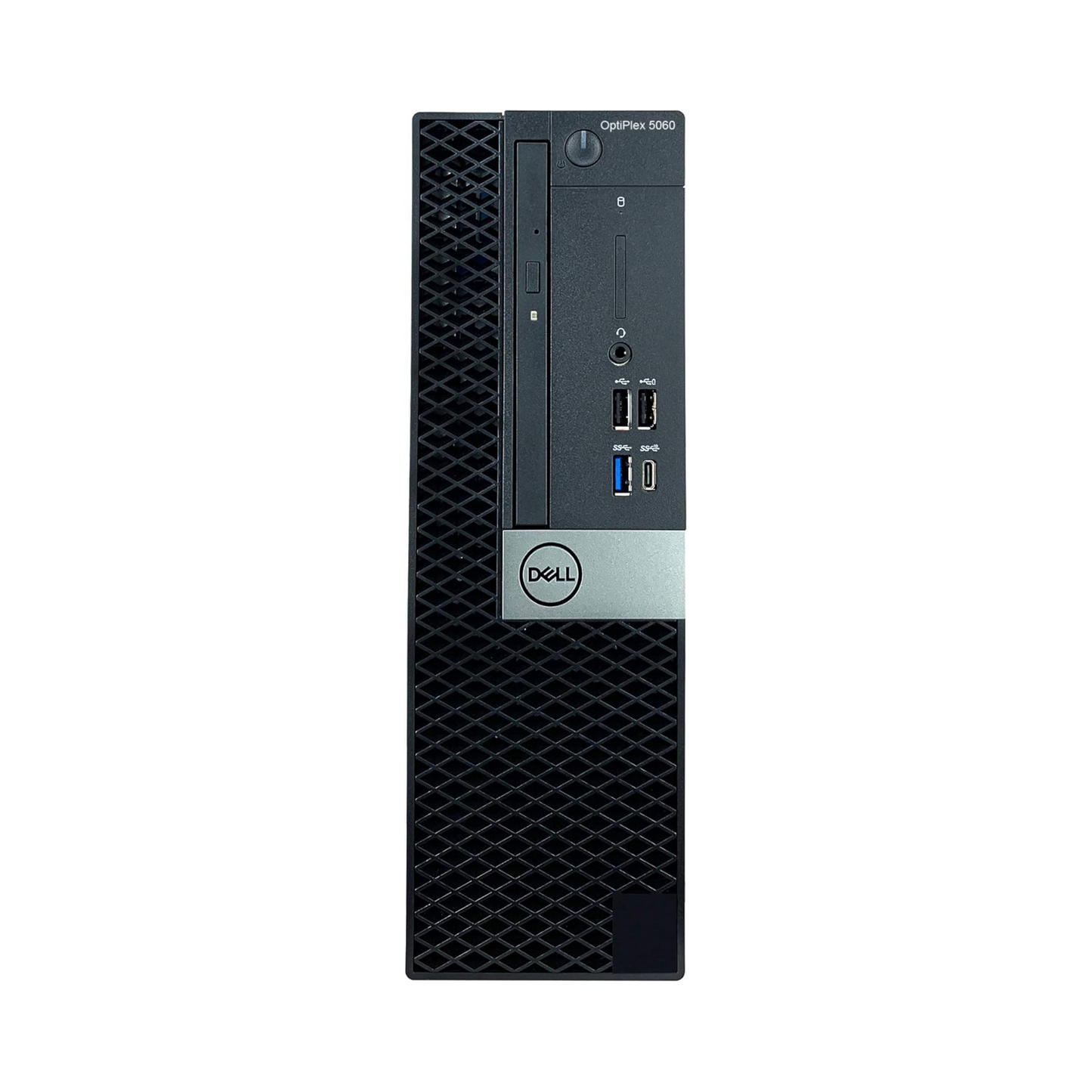 Straight view of the Dell OptiPlex 5060 Desktop showcasing the front panel with power button and drive bays