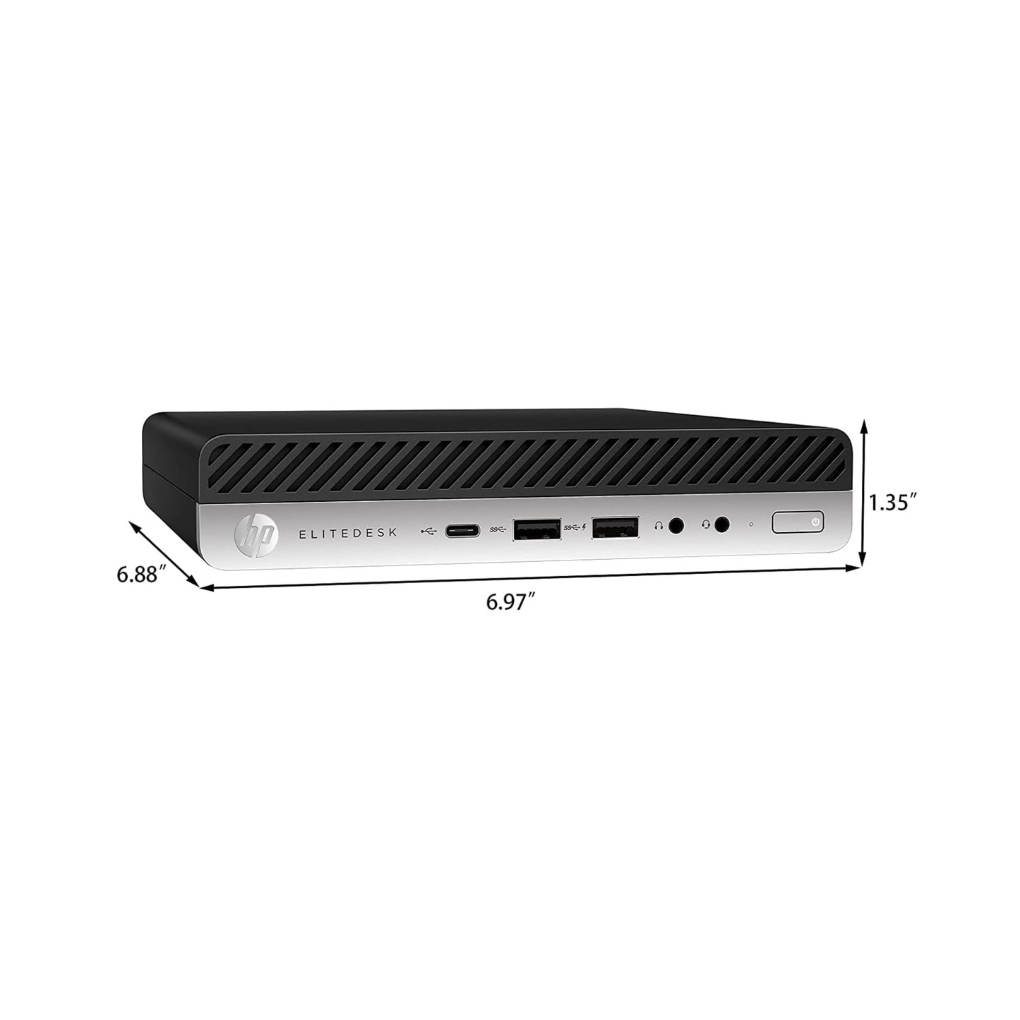 Angled view showing the compact design and connectivity options of the HP ProDesk 800 G3 Tiny PC