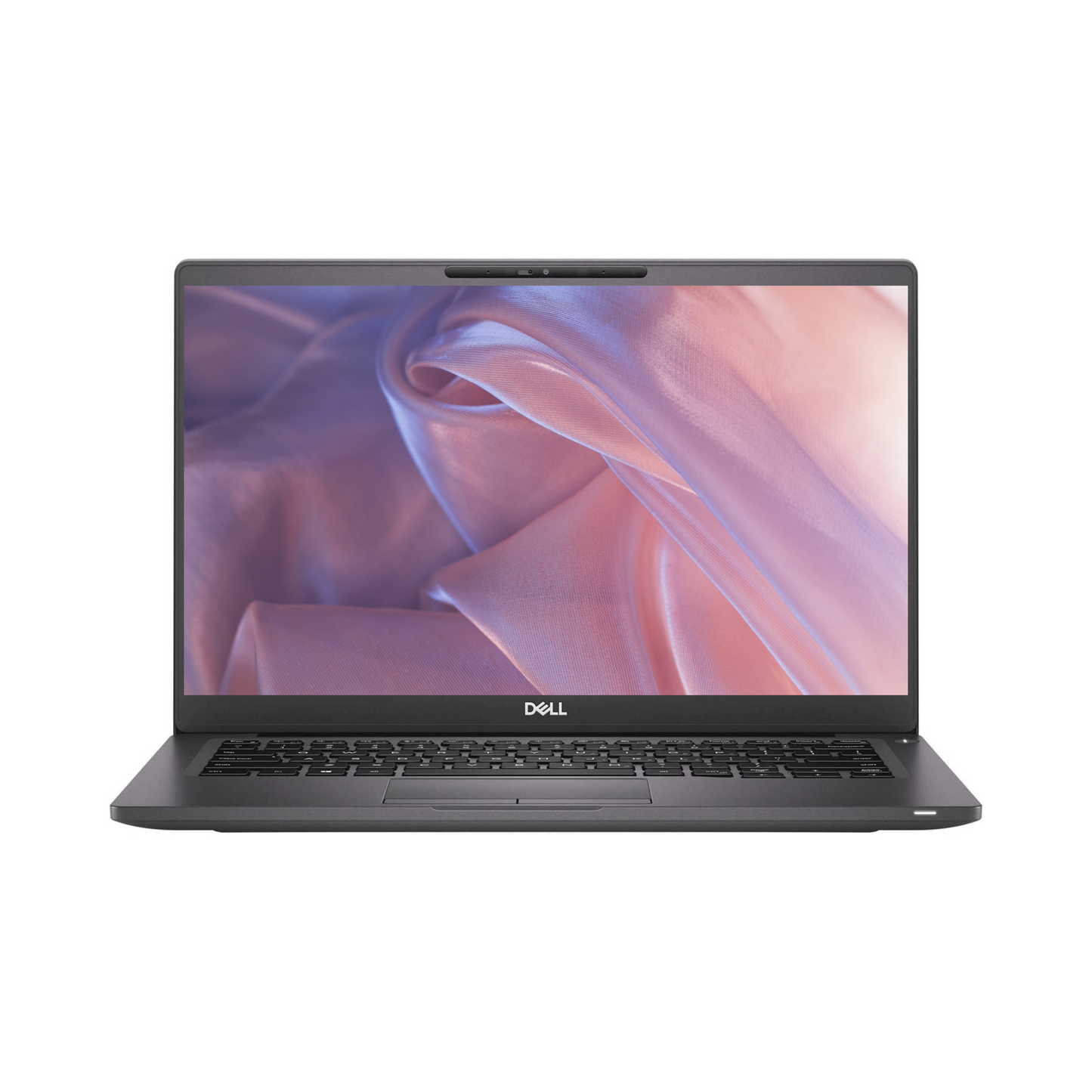 Front perspective of the Dell 7400 i5 8th Gen refurbished laptop, displaying the screen, bezel, keyboard, and touchpad, highlighting its sleek and professional design.