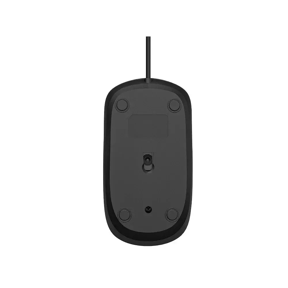 Rear view of the wired black optical mouse showing the back side and cable connection