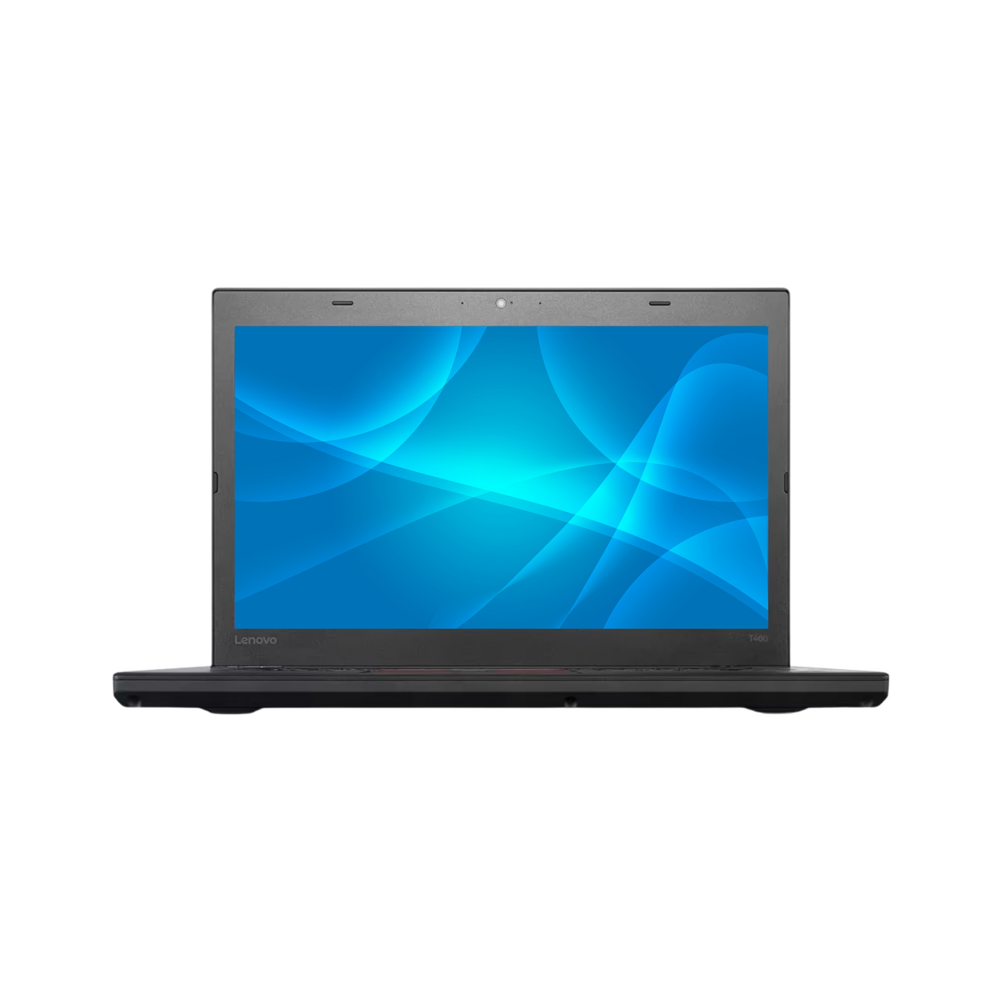 Front view of the Lenovo T460 laptop open to showcase the screen display