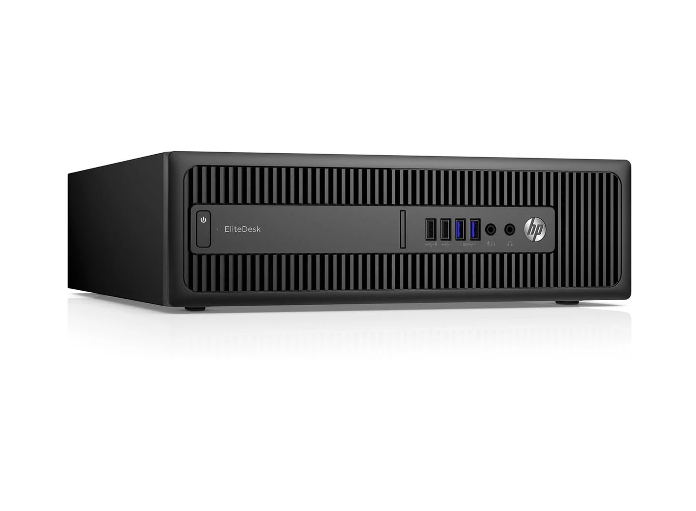 Left side angle view of desktop highlighting its compact Small Form Factor (SFF) design and side panel features