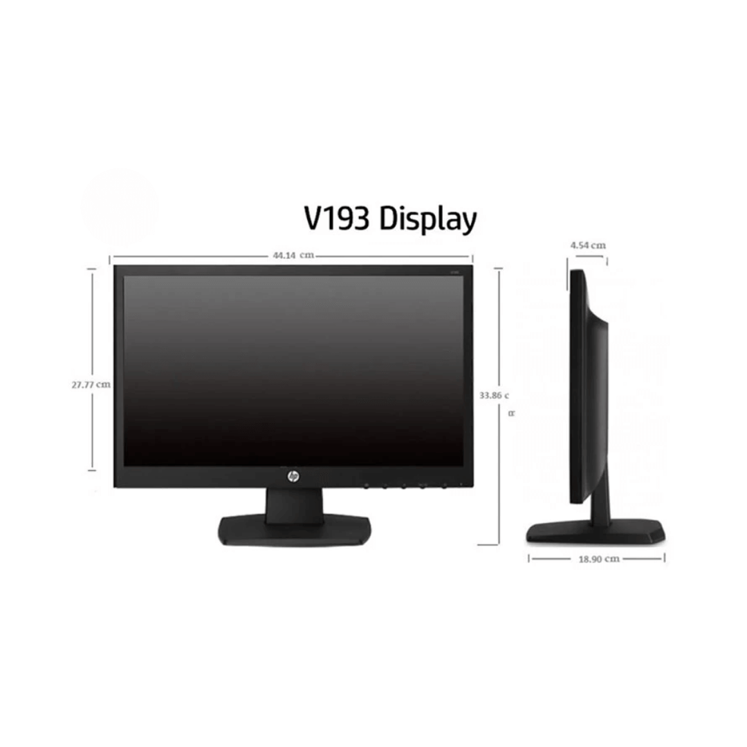 Refurbished HP V193 18.5-inch monitor with dimensions labeled – width, height, and depth for accurate size reference
