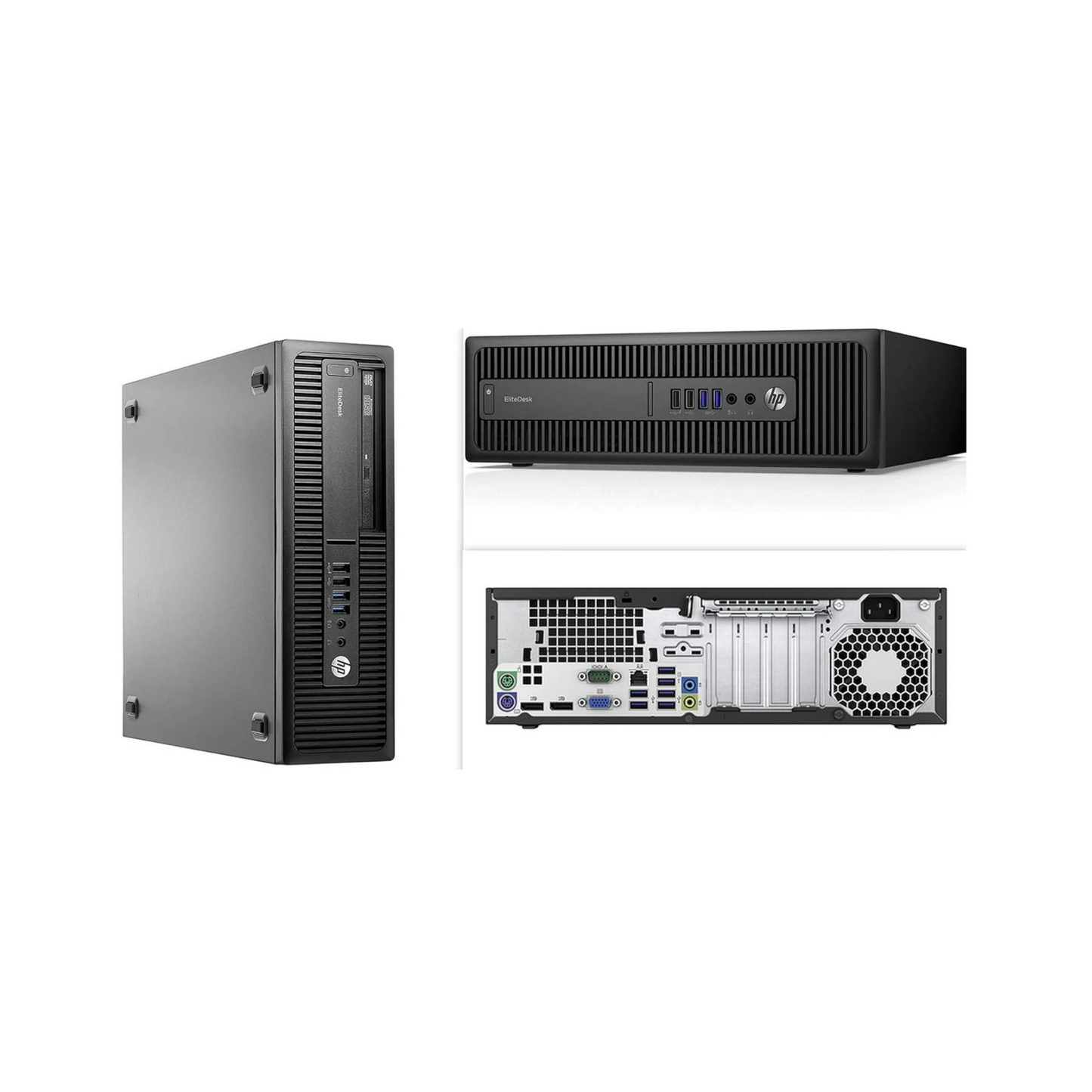 Composite image showing front, back, and side views of HP 800 G2 desktop available in Hyderabad, India