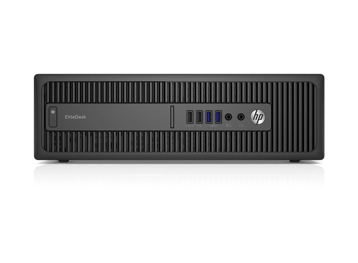 Front view of HP 800 G2 Small Form Factor desktop showing front panel with USB ports, optical drive, and power button