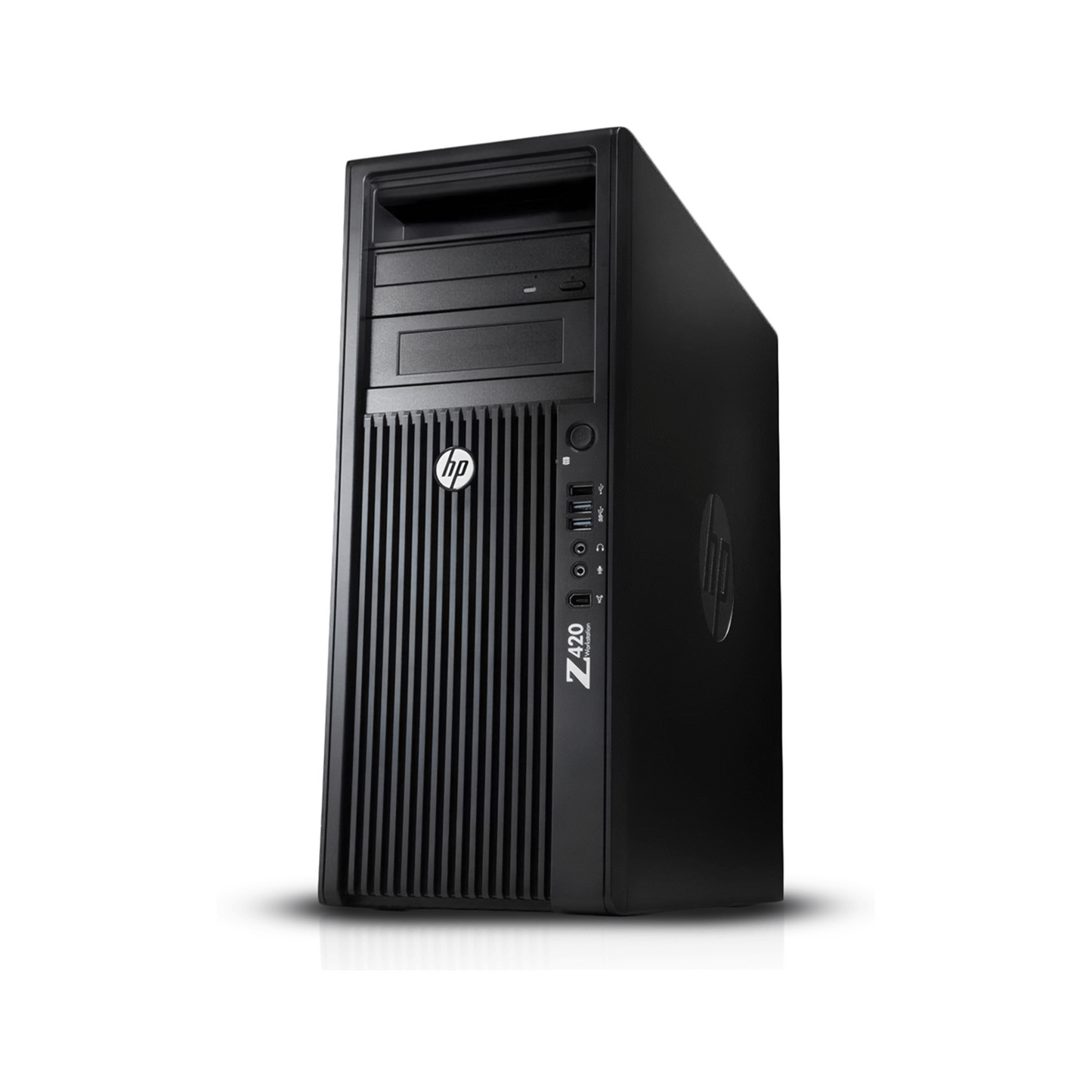 Front view of the HP Z420 workstation displaying the front panel with USB ports, power button, and drive bays