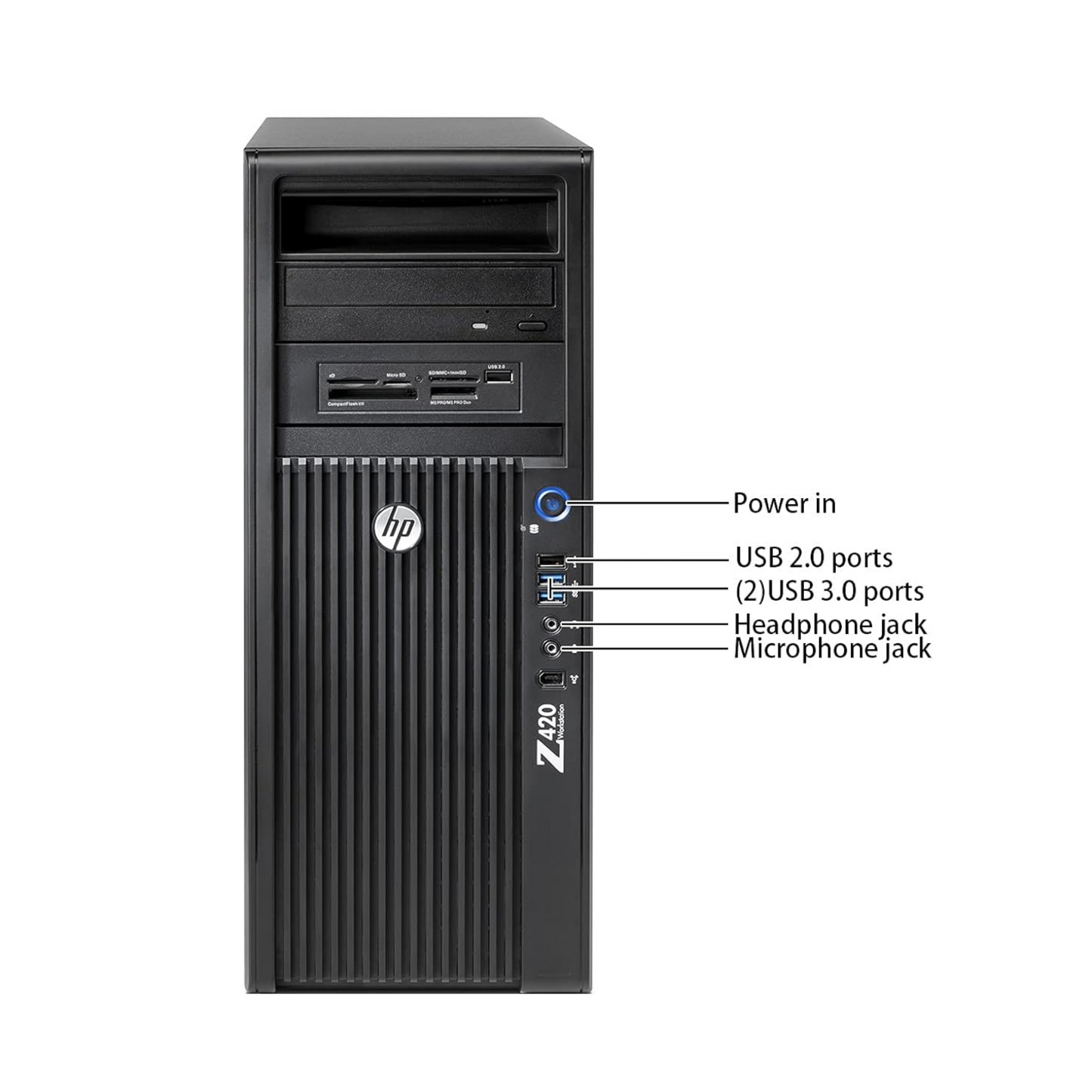 Front view of HP Z420 workstation displaying front panel with USB ports, power button, and drive bays