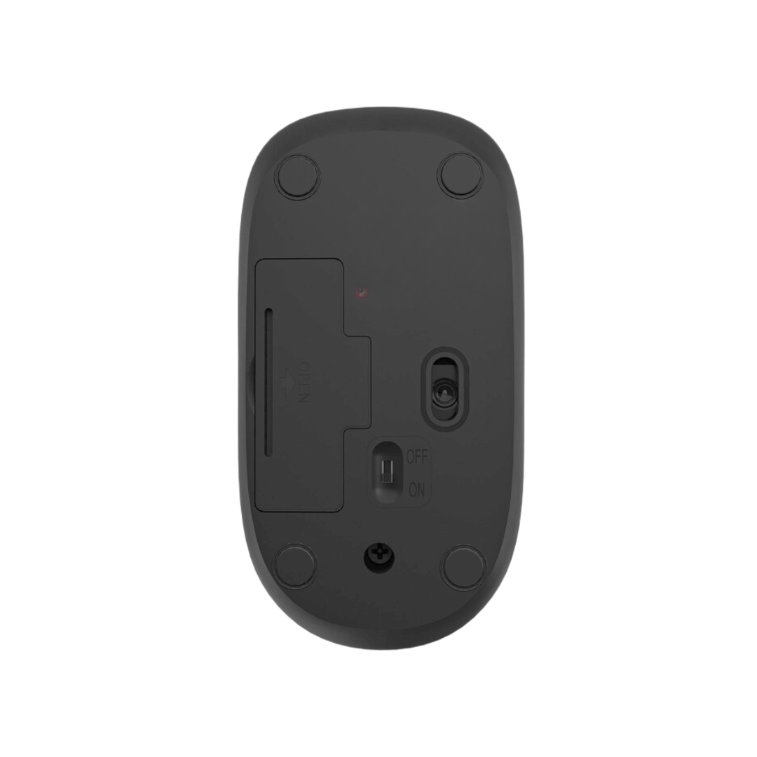 Back perspective of a wireless mouse displaying its ergonomic contour and connectivity features