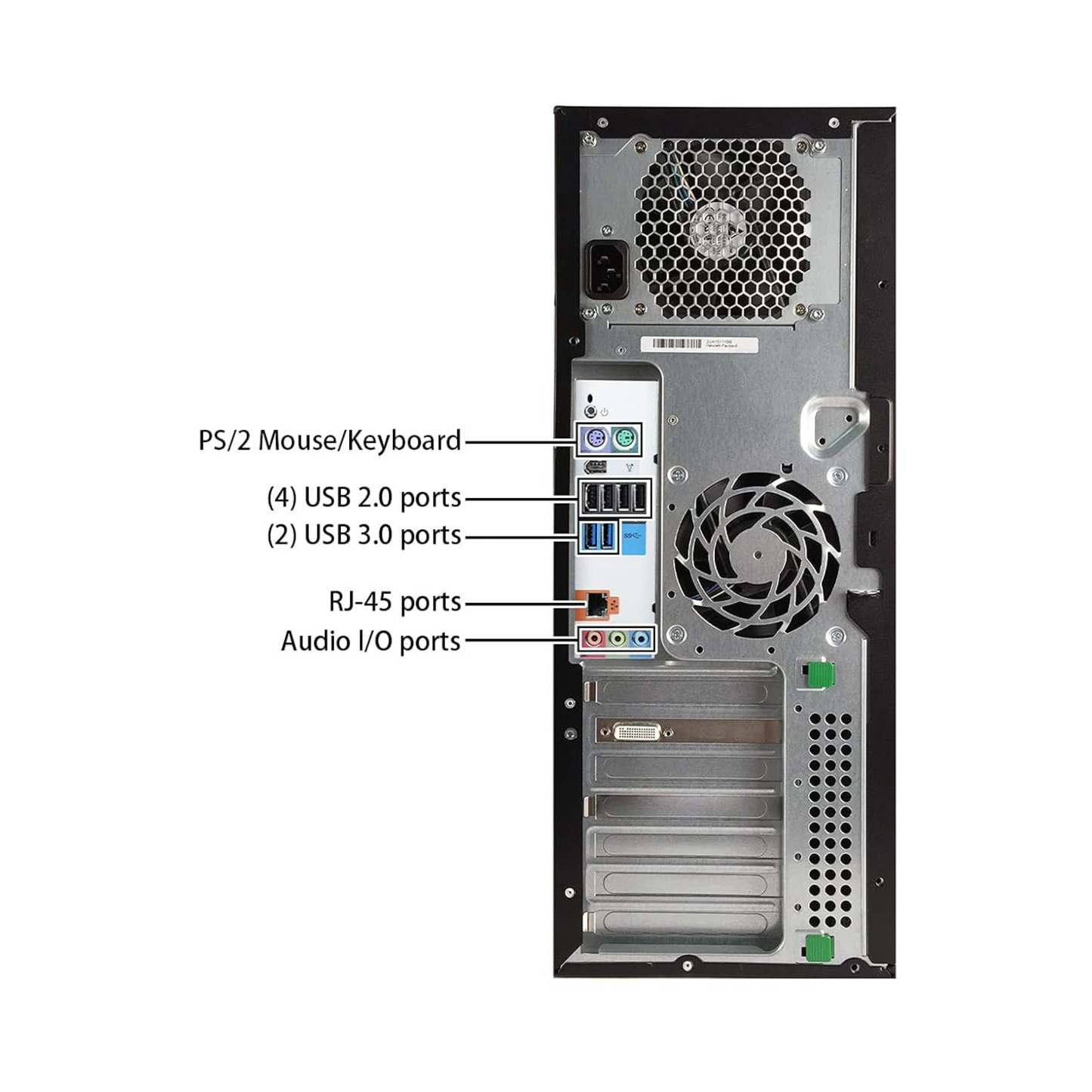 Rear view of workstation showing connectivity options including USB ports, audio jacks, Ethernet port, and video outputs