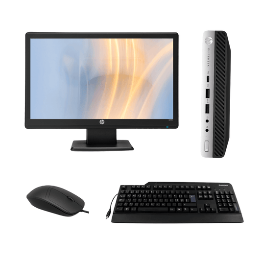 HP 800 G3 Tiny Desktop Set with Monitor, Keyboard, and Mouse displayed