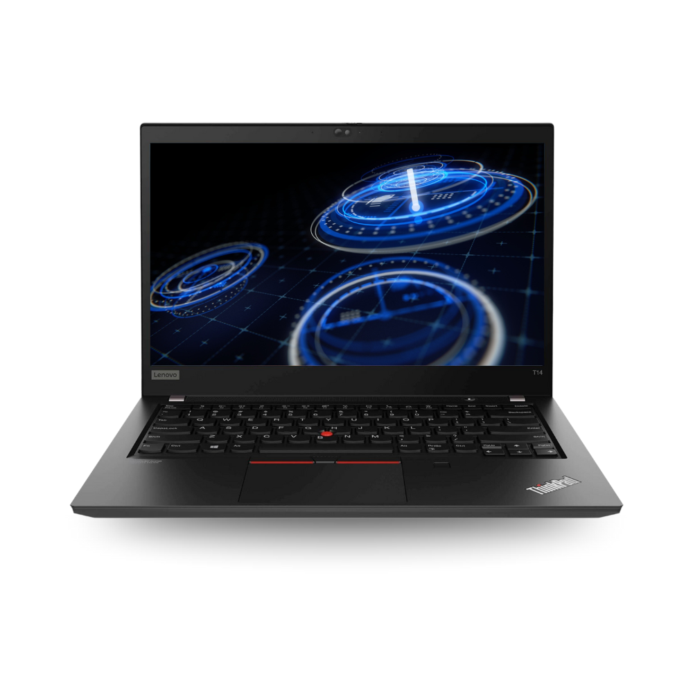 Refurbished Lenovo ThinkPad T14 laptop with AMD Ryzen 5, 16GB RAM, and 512GB SSD – top view of the 14-inch business laptop