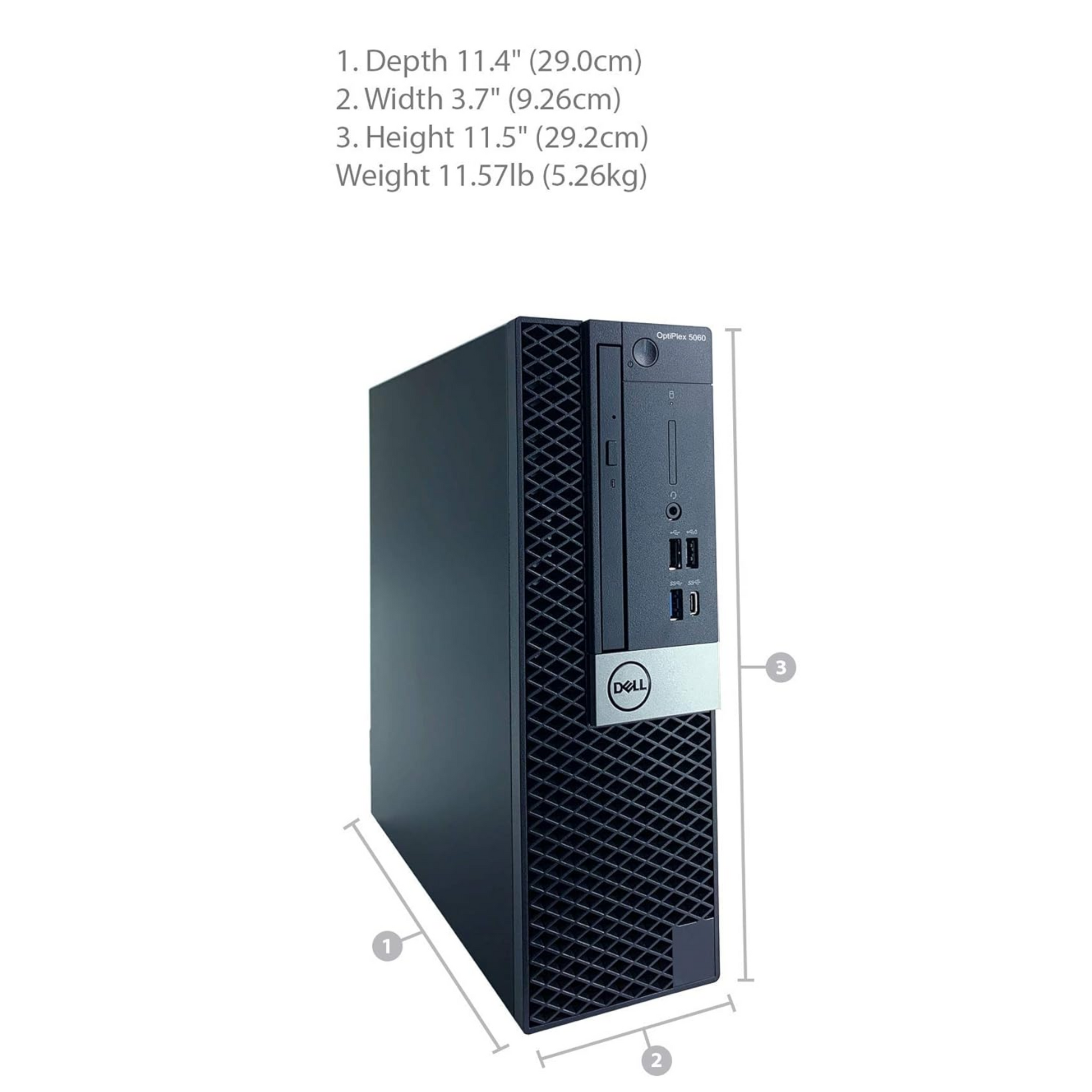 Dimension showing the size of the Dell OptiPlex 5060 Desktop, highlighting its compact design for efficient space usage.