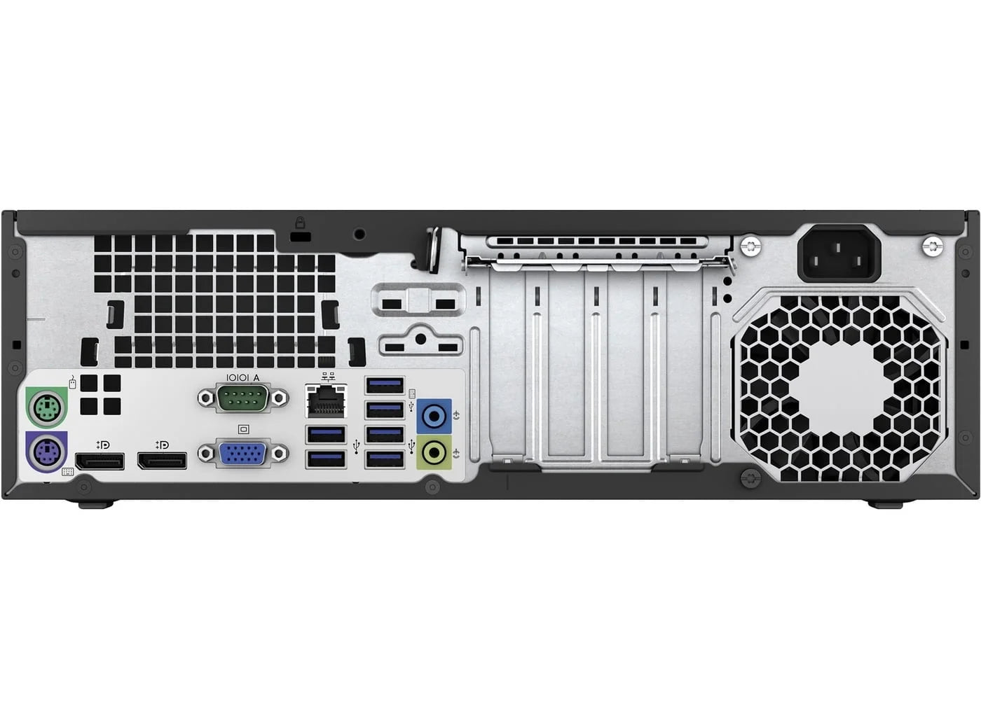 Back view of desktop displaying connectivity ports including Ethernet, HDMI, DisplayPort, and power connection