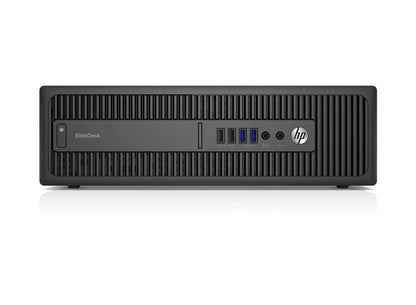 Front view of HP 800 G2 Small Form Factor desktop showing front panel with USB ports, optical drive, and power button