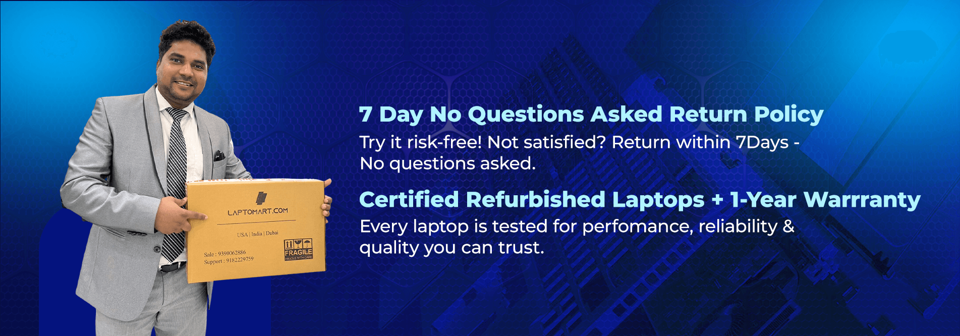 Laptomart promotional banner displaying contact information and key details: India| Sale: 9390062886 | Support: 9182229759 | 7 Day No Questions Asked Return Policy | Certified Refurbished Laptops with 1-Year Warranty".
