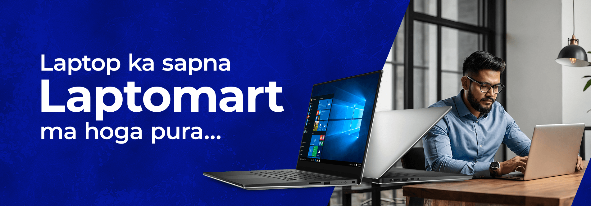 A promotional banner for Laptomart featuring the slogan "Laptop ka sapna Laptomart ma hoga pura", highlighting affordable refurbished laptops in India.