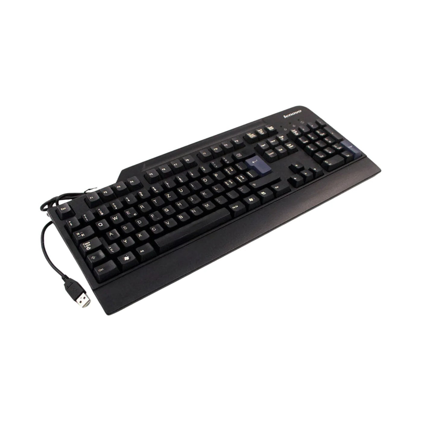 Left side angle view of the Lenovo SK-8825 wired USB keyboard showing its slim profile and key layout.