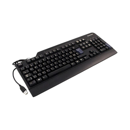 Left side angle view of the Lenovo SK-8825 wired USB keyboard showing its slim profile and key layout.