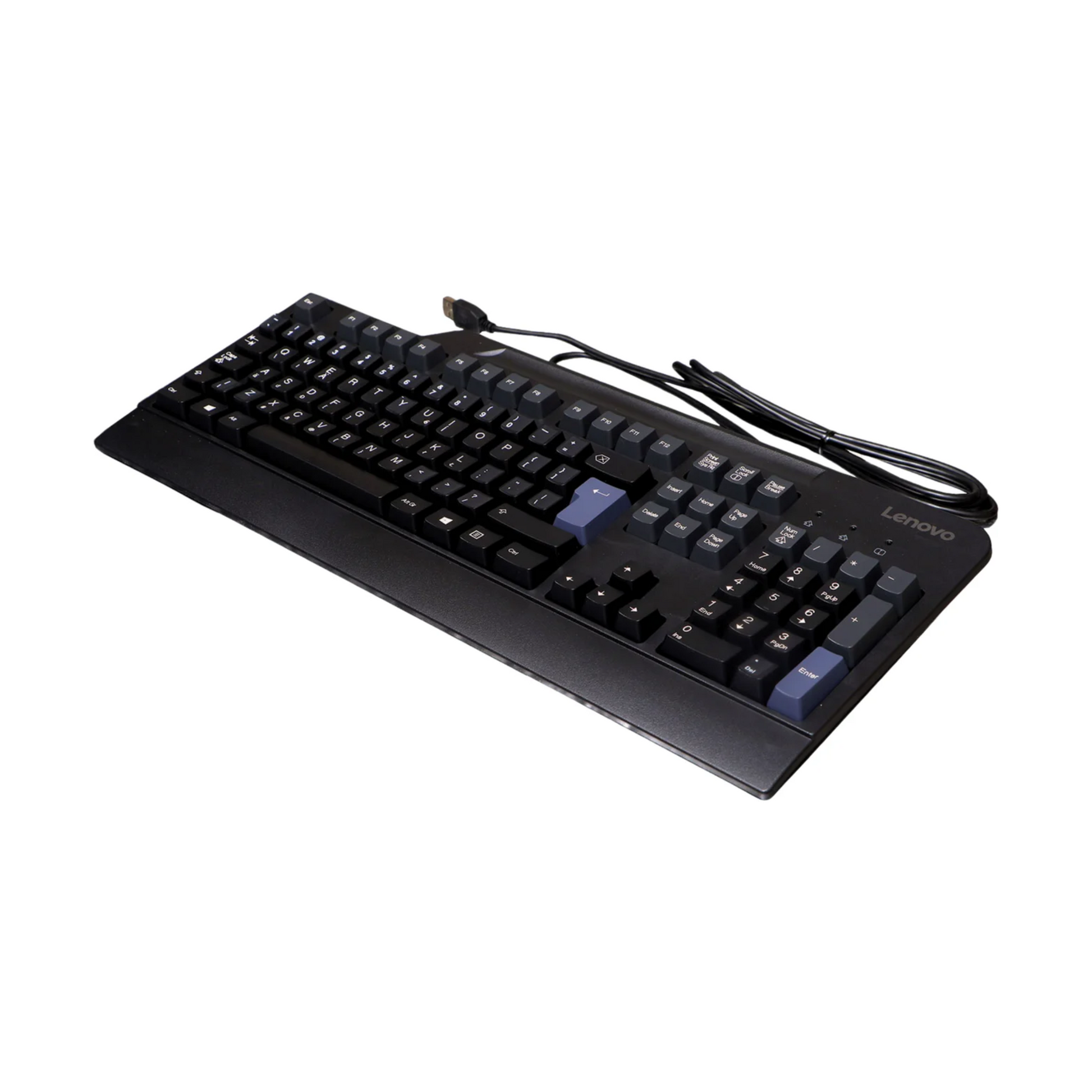 Right side angle view of the Lenovo SK-8825 wired USB keyboard highlighting its slim profile and build quality.