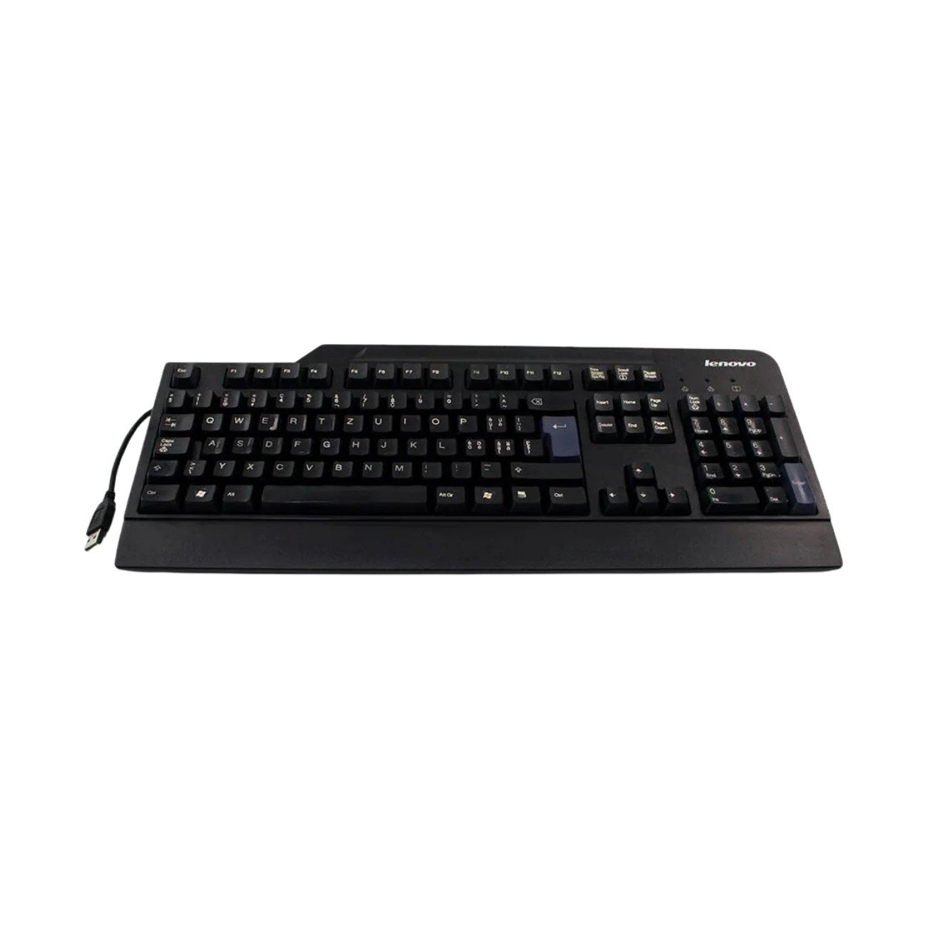 Front view of the black Lenovo SK-8825 wired USB keyboard. It shows the layout of function, alphanumeric, and navigation keys.