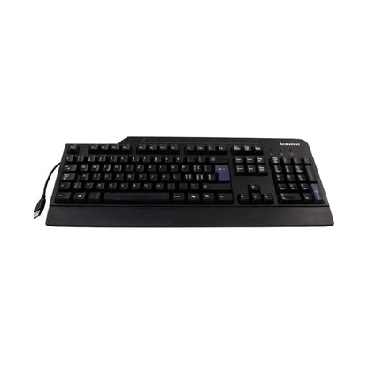 Front view of the black Lenovo SK-8825 wired USB keyboard. It shows the layout of function, alphanumeric, and navigation keys.