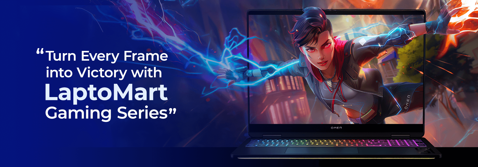 Promotional banner for Laptomart's Gaming Series, featuring the message "Turn Every Frame into Victory", emphasizing high-performance laptops for gaming enthusiasts.