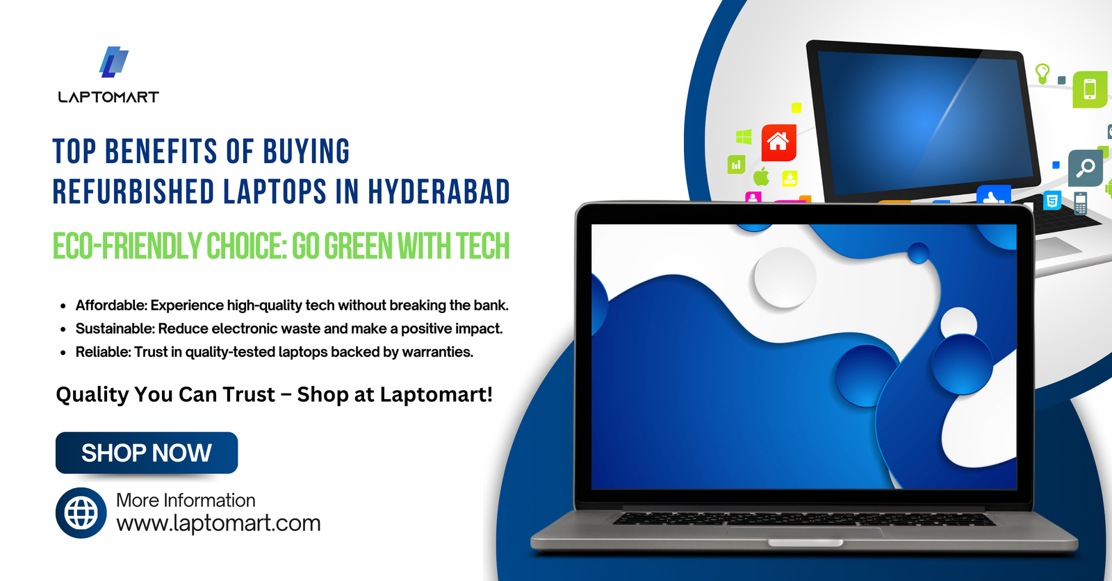 Infographic highlighting the benefits of purchasing refurbished laptops in Hyderabad, including eco-friendliness, affordability, sustainability, and reliability.